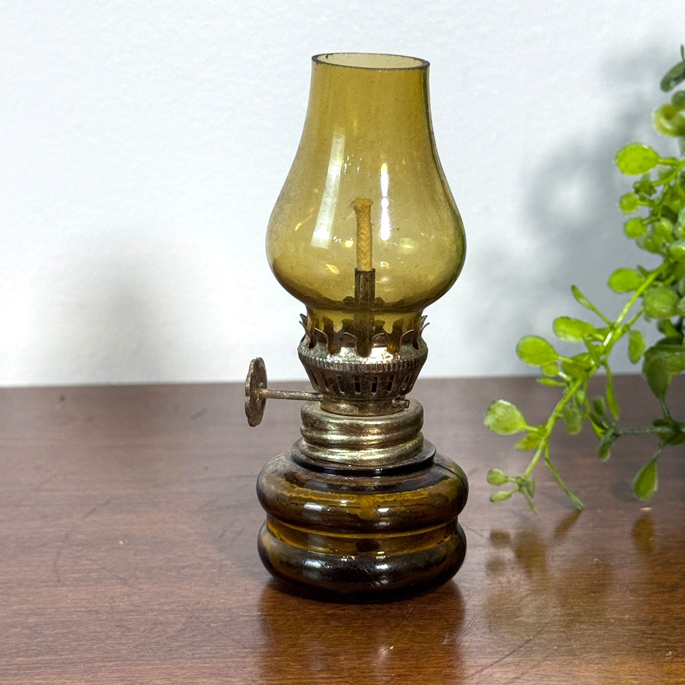 Vintage Mini Amber Glass Oil/Kerosene Hurricane Lamp